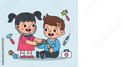 Children playing doctor with medical toys.
