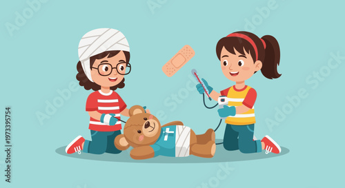 Children playing doctor with injured teddy bear.