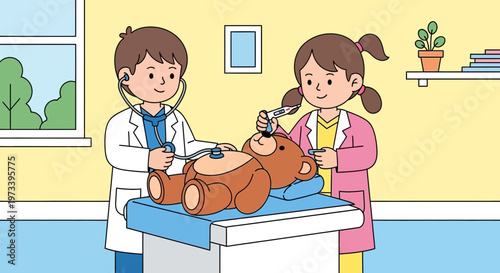 Children playing doctor with teddy bear examination.