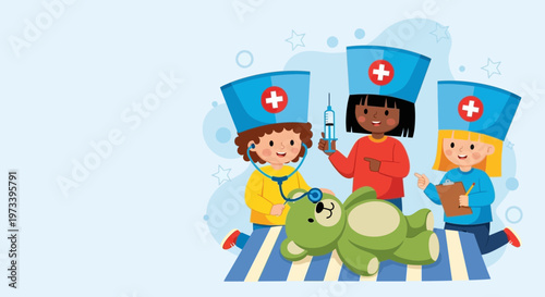 Children playing doctor with teddy bear and syringe.