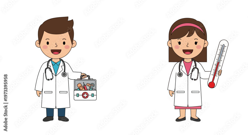 Fototapeta premium Cute Cartoon Doctors with Medical Equipment Illustration.