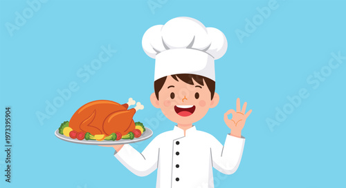 Happy young chef in white uniform holding roasted turkey on platter and showing ok hand gesture on light blue background.