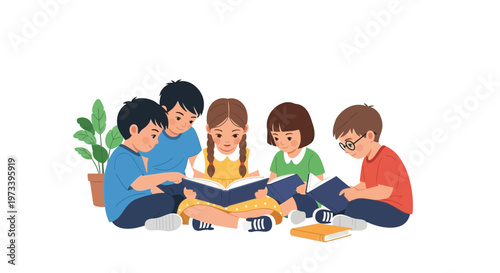 Children Reading Books Together in a Circle.