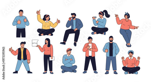 Collection of diverse people characters in different casual poses and gestures for web design and social media marketing projects.