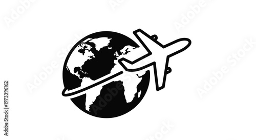 An airplane flies around the world in a striking black silhouette