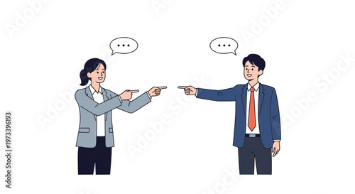 Professional businessman and businesswoman pointing fingers at each other during debate or team coordination in white background.