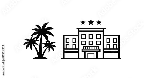 Black and white graphic of a tropical hotel with palm trees silhouette