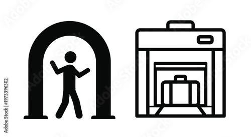Airport security check featuring an archway and baggage scanner silhouette