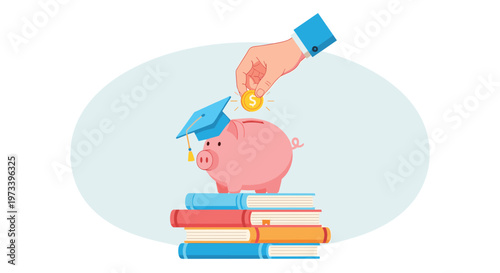Hand putting gold coin into piggy bank wearing graduation cap sitting on stack of books for education savings concept.