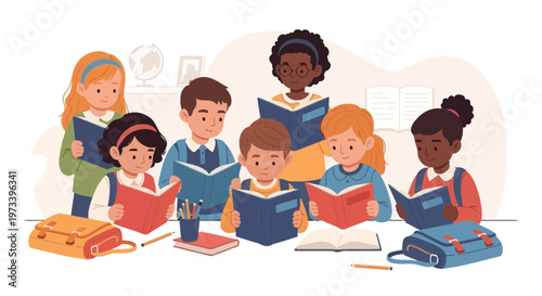 Diverse group of children engrossed in reading books together.