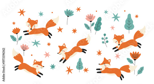Adorable fox pattern featuring cute orange foxes jumping among colorful flowers and stars for nursery wallpaper design.