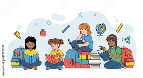 Diverse group of children engrossed in reading books.