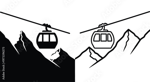 Minimalist depiction of cable cars traversing mountain peaks contrasting black and white silhouette