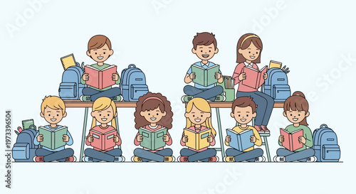 Diverse group of children happily reading books together 1.