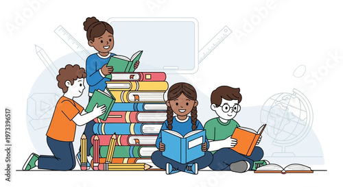 Diverse group of children happily reading books together 3.