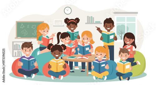 Diverse group of children happily reading books together.