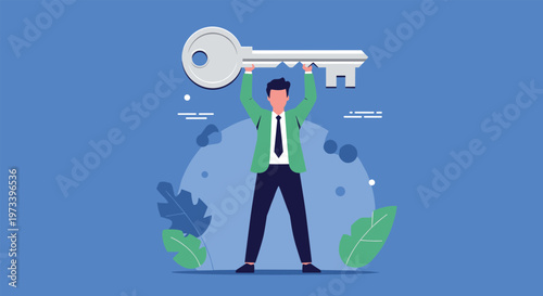 Successful businessman in green jacket holding large silver key above his head representing key to success and solutions.