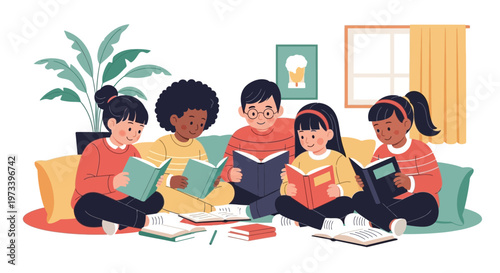 Diverse group of children reading books together 5.