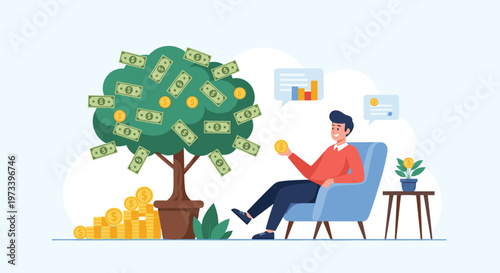 Happy man relaxing in armchair next to money tree covered in banknotes and gold coins representing passive income and wealth.
