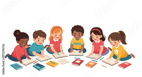 Diverse group of children reading books together 7.
