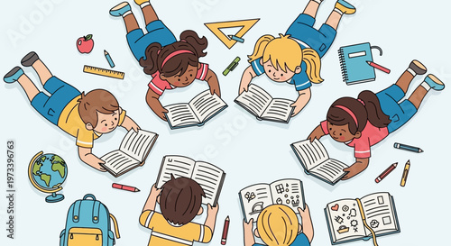 Diverse group of children reading books together 6.