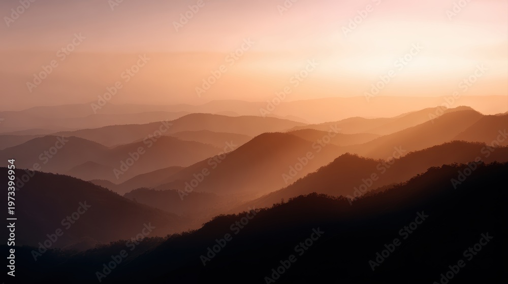 Obraz premium Beautiful golden sunrise over mountain peaks peaceful nature landscape inspiring adventure concept