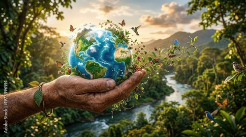 Earth, held securely by human hand, represents global preservation, environmental sustainability, natural conservation, ecological care, and spring season renewal.