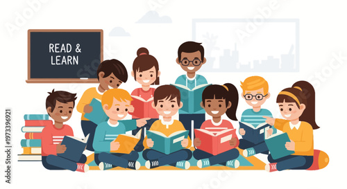 Diverse group of children reading books together in a classroom setting 3.