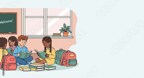 Diverse group of children reading books together in a classroom setting.