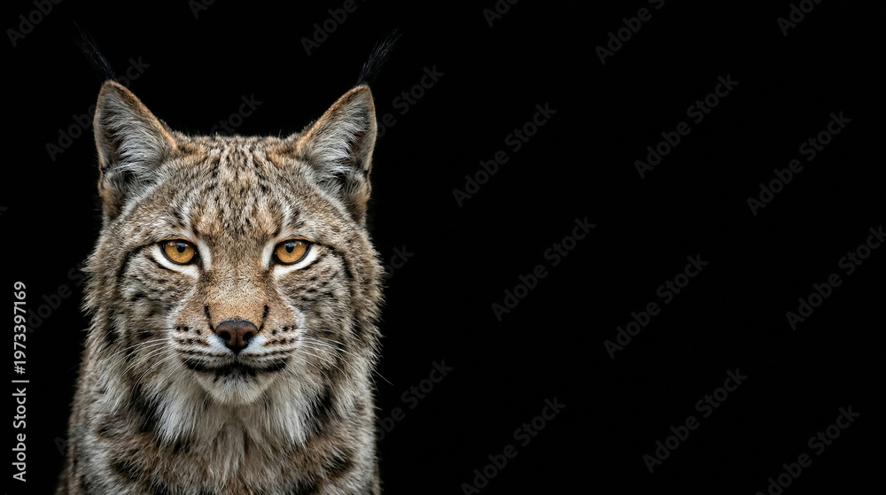 Obraz premium Portrait of a Eurasian Lynx with intense gaze and ear tufts on a black background. Detailed fur and amber eyes. Left side composition with large copy space for design