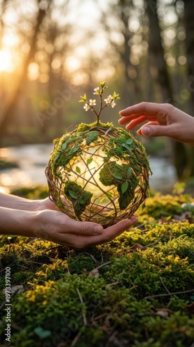 Globe, woven natural element, cradled by adult hand, featuring verdant moss, sprouting plant, delicate bloom, symbolizing earth regeneration, environmental stewardship, global protection.