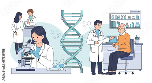 Medical researchers and doctors working together on genetic studies and patient care around large double helix DNA model.
