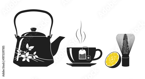 Black and white tea kettle cup.