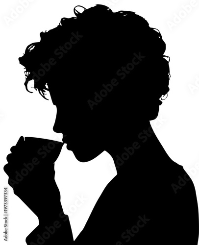 Minimalist Vector Silhouette of a Woman with Curly Hair Drinking from a Cup in Profile