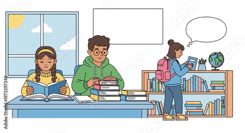 Students studying in a classroom with books and globe.