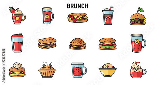 Colorful brunch food and drink icons.