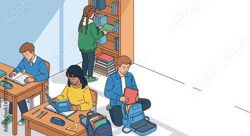 Students studying in a library or classroom setting.