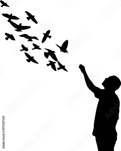 Black Silhouette of a Man and a Flock of Birds Flying Away Vector Illustration