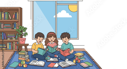 Three children reading books together happily.