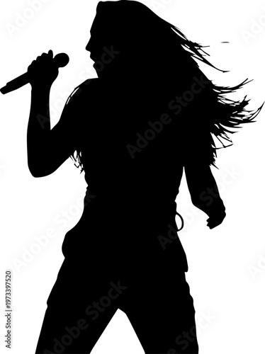 Black silhouette of a female singer with long blowing hair holding a microphone performing on stage vector illustration for music posters