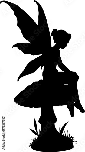 Black Silhouette of a Fairy Sitting on a Mushroom in the Grass Vector Illustration