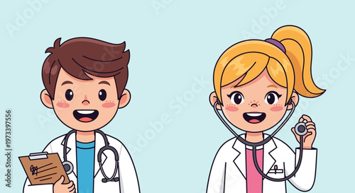 Two Cartoon Doctors With Stethoscope And Clipboard.