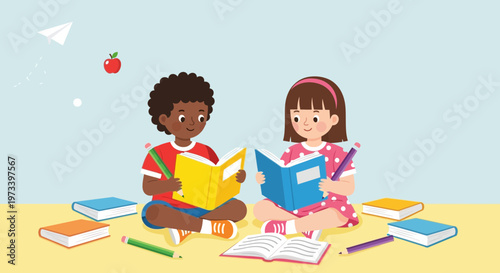 Two diverse children reading books together happily.
