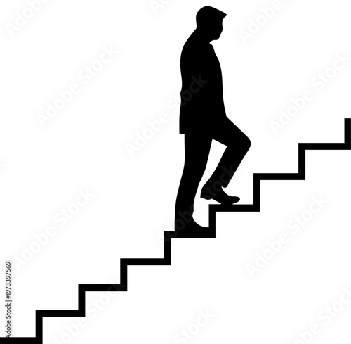 Silhouette of a Businessman Walking Up Stairs Representing Career Growth Success and Ambition Minimalist Vector Graphic