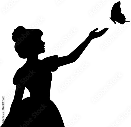 Black Silhouette of a Princess in a Ball Gown Reaching Towards a Flying Butterfly Vector Illustration