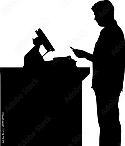 Black Silhouette of a Cashier Working at a Retail Store Checkout Counter with Cash Register