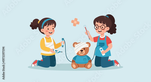 Two young girls playing doctor with a teddy bear.