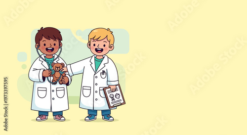 Two young boys dressed as doctors playing with a teddy bear.