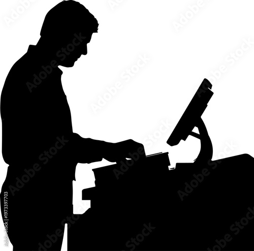 Silhouette of a Male Cashier Operating a Cash Register at a Checkout Counter in a Store