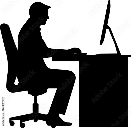 Black Silhouette of a Businessman Sitting at an Office Desk and Working on a Desktop Computer